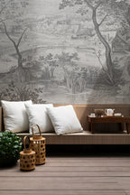 Black and White Landscape Wallpaper : Engraved Village Scenery Mural - View 5