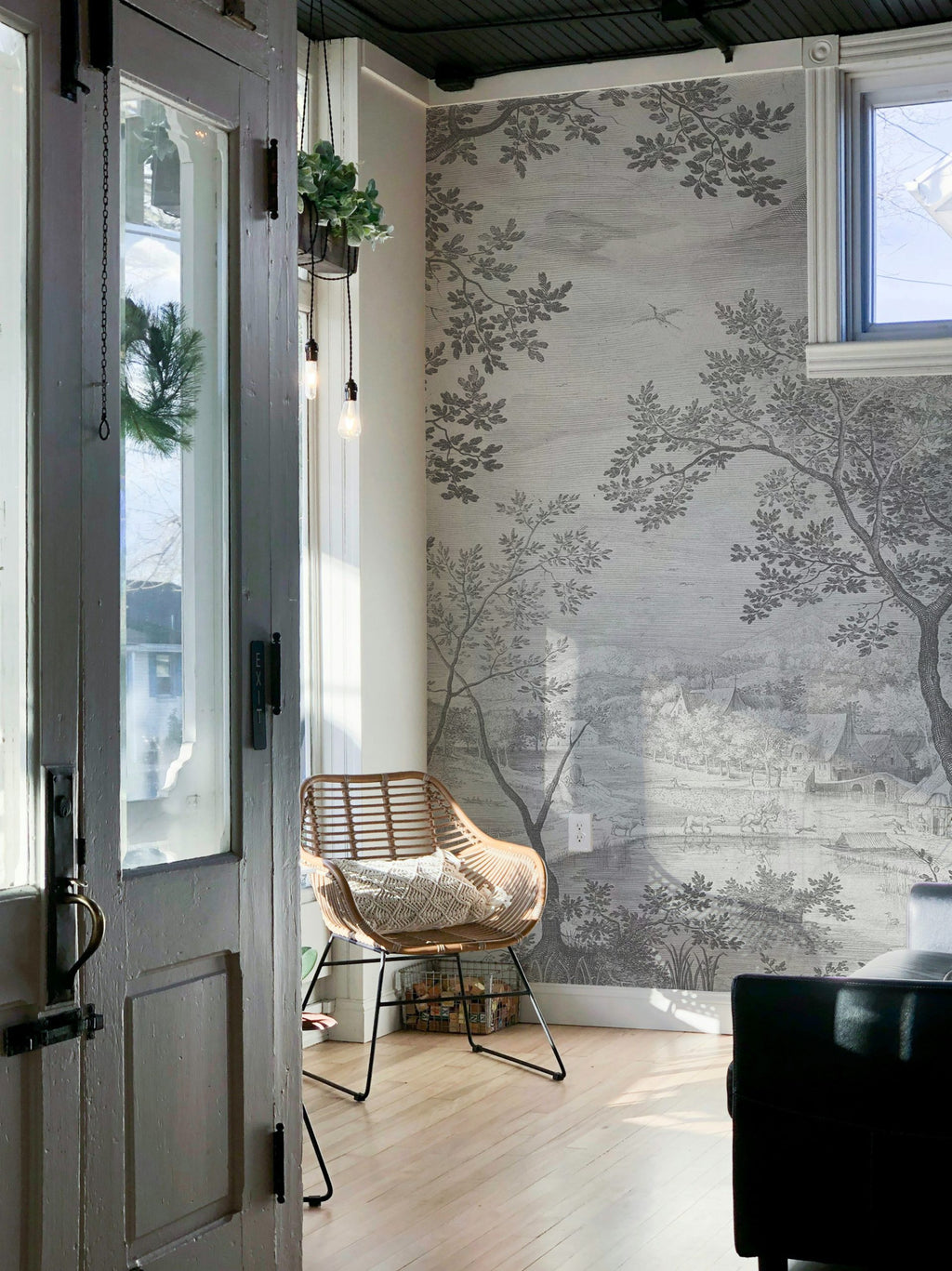 Black and White Landscape Wallpaper : Engraved Village Scenery Mural