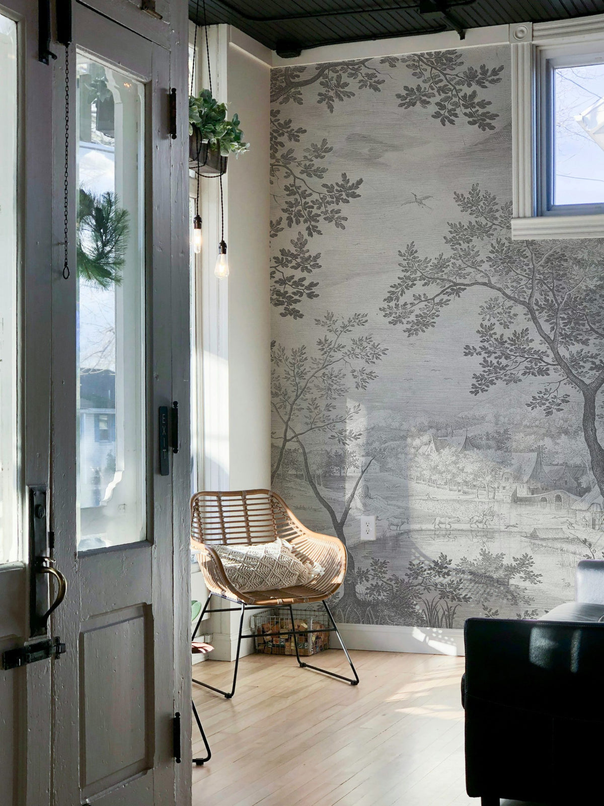 Black and White Landscape Wallpaper : Engraved Village Scenery Mural