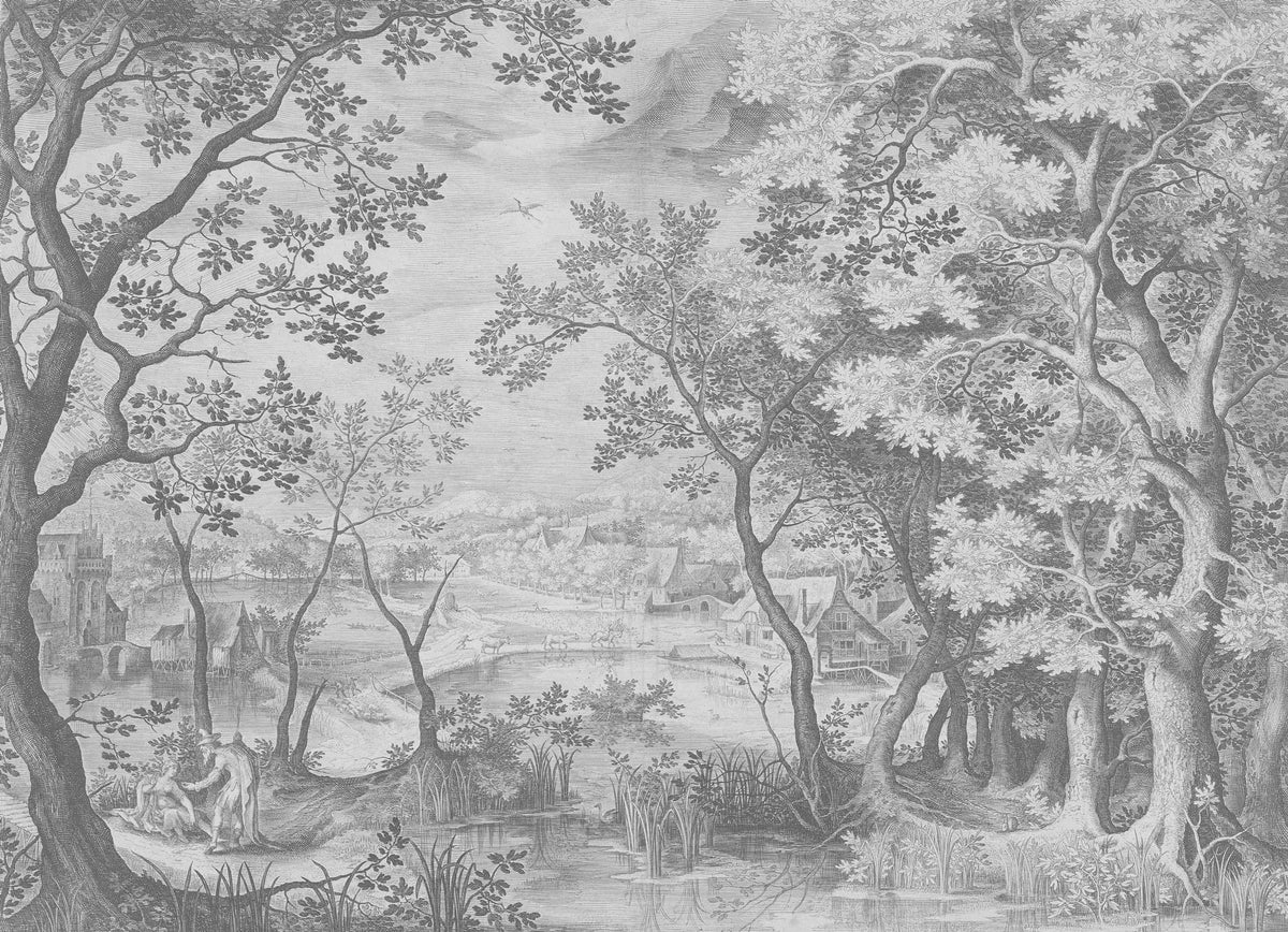 Black and White Landscape Wallpaper : Engraved Village Scenery Mural - flat design