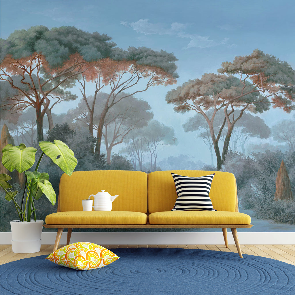 Blue Pine Forest Wallpaper : Vintage Path Landscape Mural - View 2