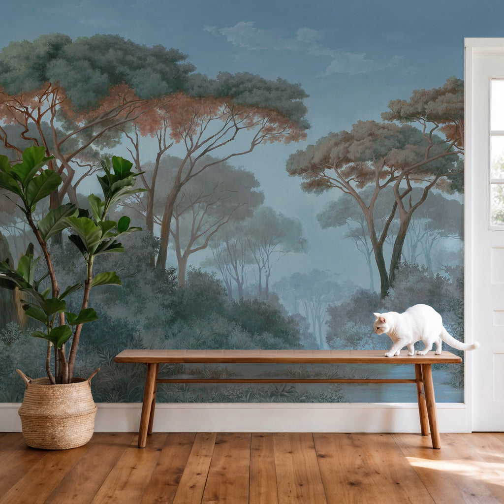 Blue Pine Forest Wallpaper : Vintage Path Landscape Mural - View 4