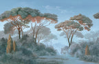 Blue Pine Forest Wallpaper : Vintage Path Landscape Mural - flat design