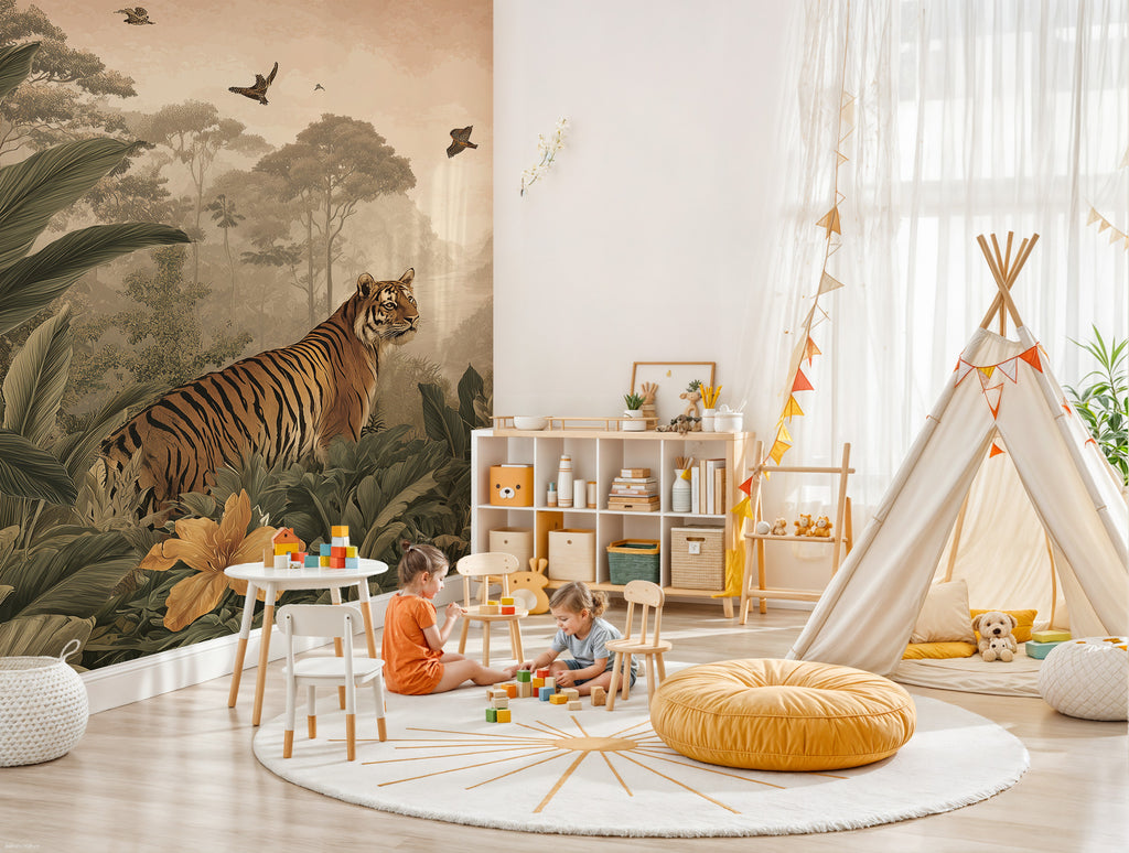 Jungle Tiger Wallpaper : Sepia Tropical Wildlife Mural - View 2