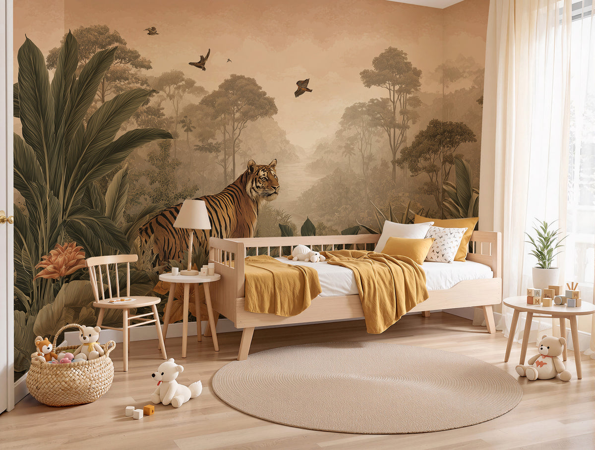 Jungle Tiger Wallpaper : Sepia Tropical Wildlife Mural - View 3