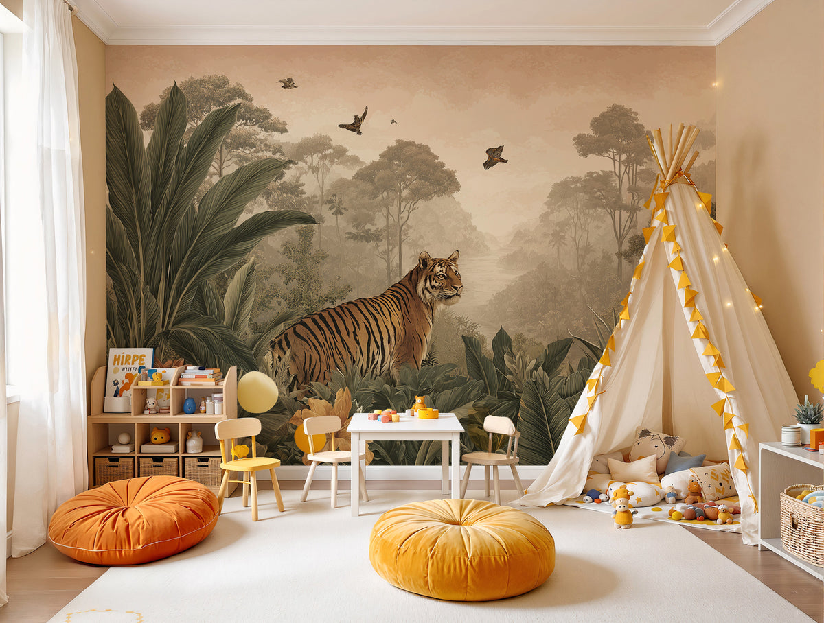 Jungle Tiger Wallpaper : Sepia Tropical Wildlife Mural - View 4