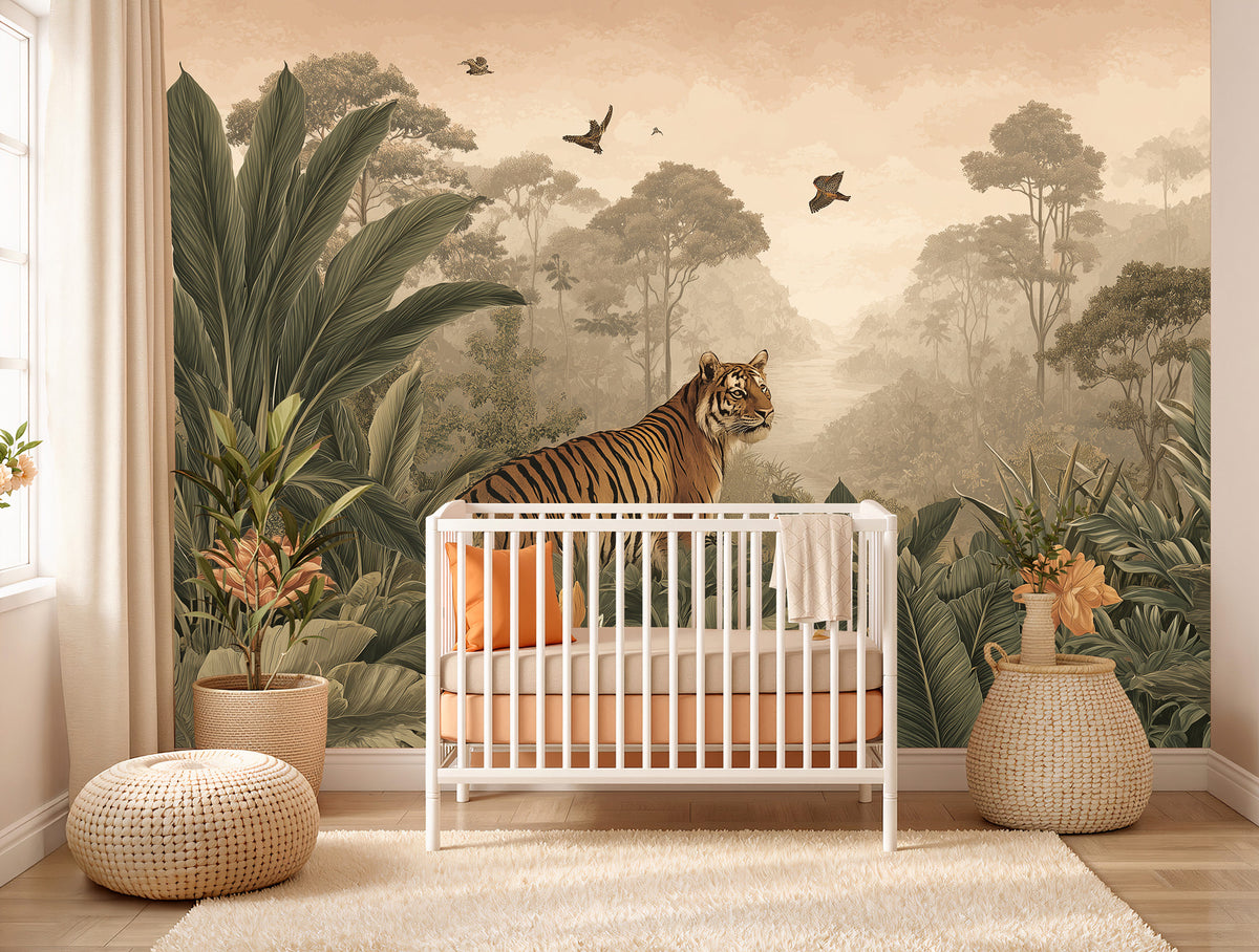 Jungle Tiger Wallpaper : Sepia Tropical Wildlife Mural - View 5