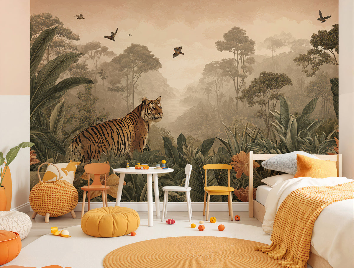 Jungle Tiger Wallpaper : Sepia Tropical Wildlife Mural