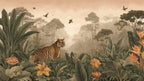 Jungle Tiger Wallpaper : Sepia Tropical Wildlife Mural - flat design