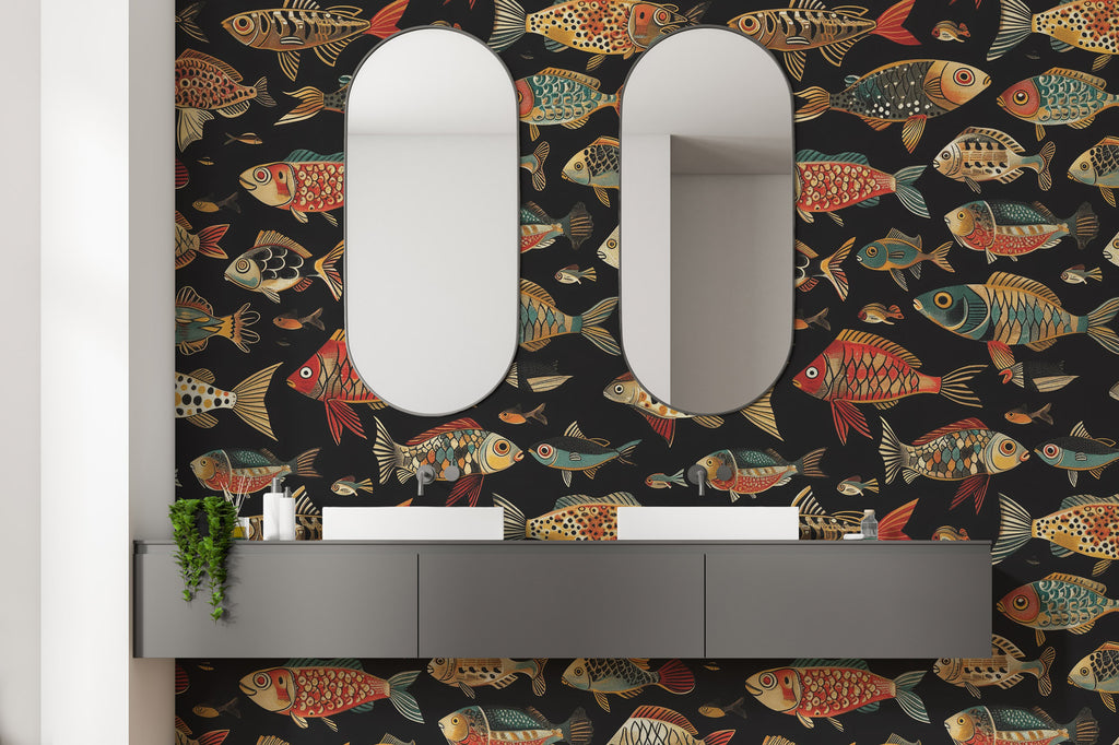 Folk Fish Wallpaper : Colorful Fish Pattern on Black Mural - View 2