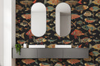 Folk Fish Wallpaper : Colorful Fish Pattern on Black Mural - View 2