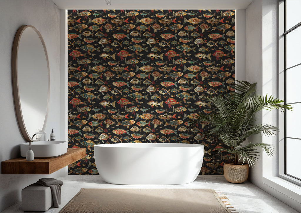 Folk Fish Wallpaper : Colorful Fish Pattern on Black Mural - View 3