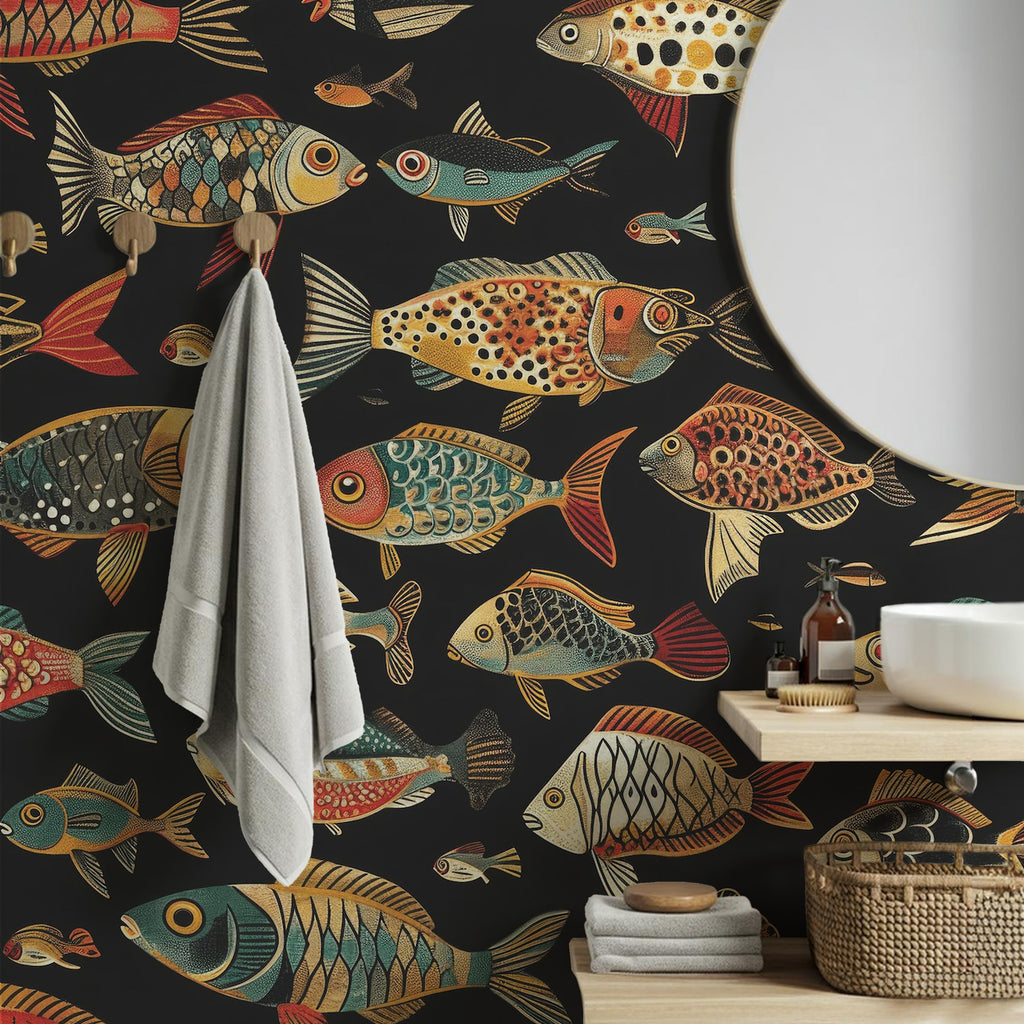 Folk Fish Wallpaper : Colorful Fish Pattern on Black Mural - View 4