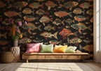 Folk Fish Wallpaper : Colorful Fish Pattern on Black Mural - View 5