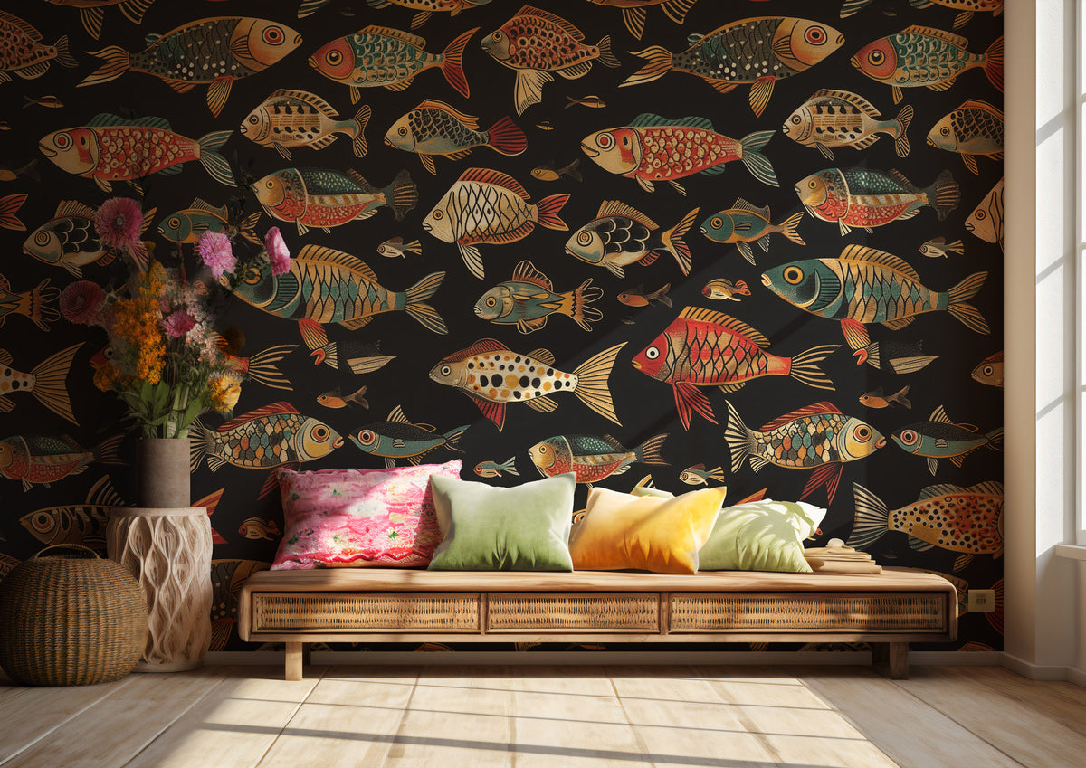 Folk Fish Wallpaper : Colorful Fish Pattern on Black Mural - View 5