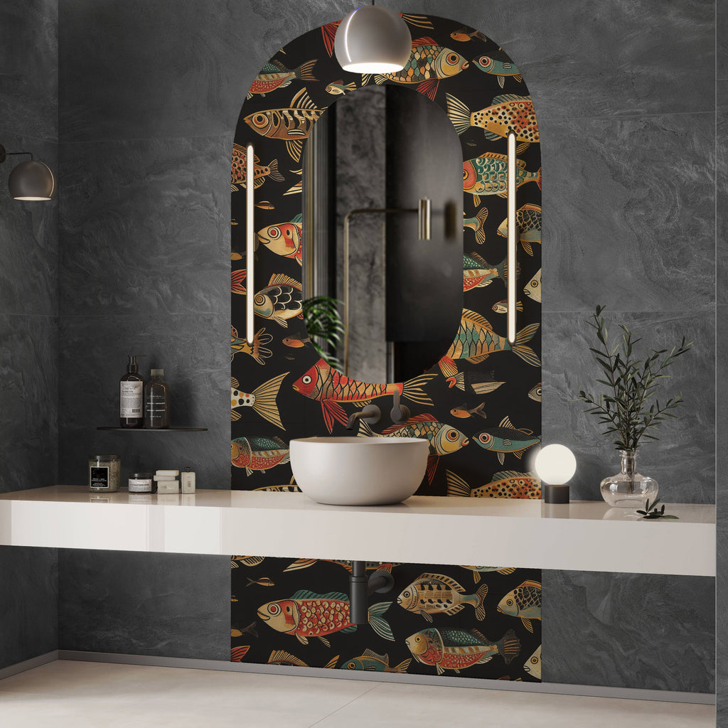 Folk Fish Wallpaper : Colorful Fish Pattern on Black Mural