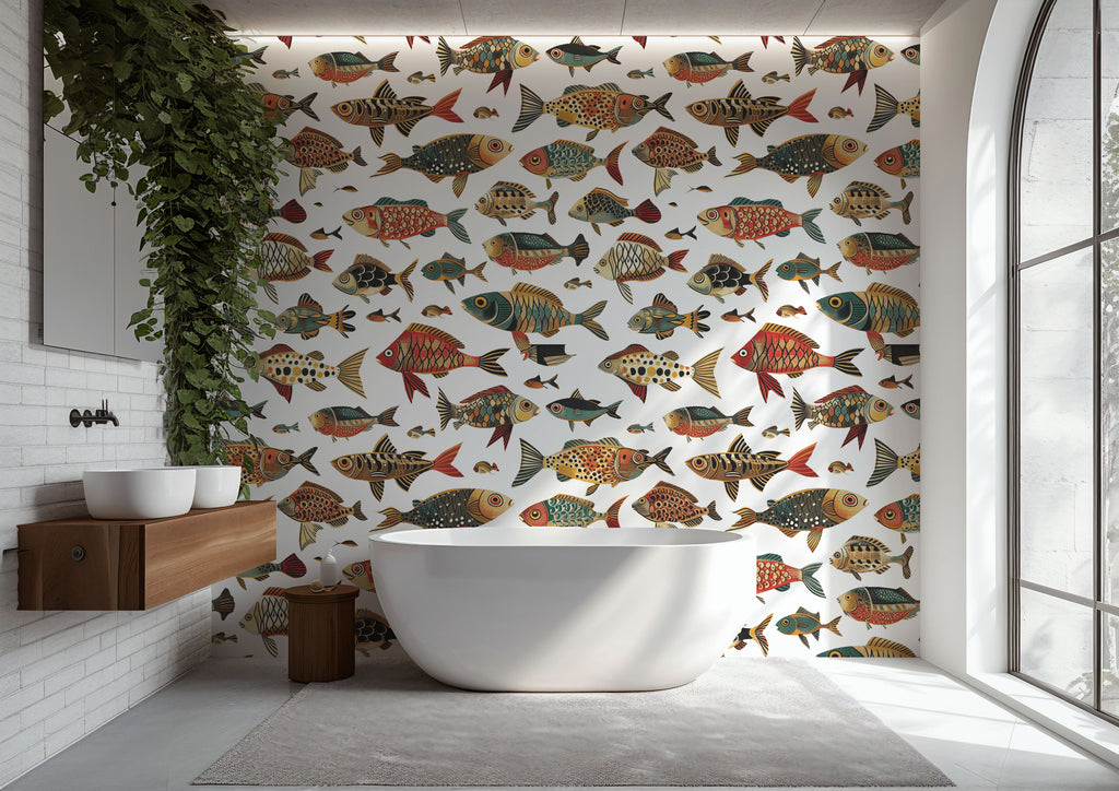 Folk Fish Wallpaper : Colorful Fish Pattern on White Mural - View 2