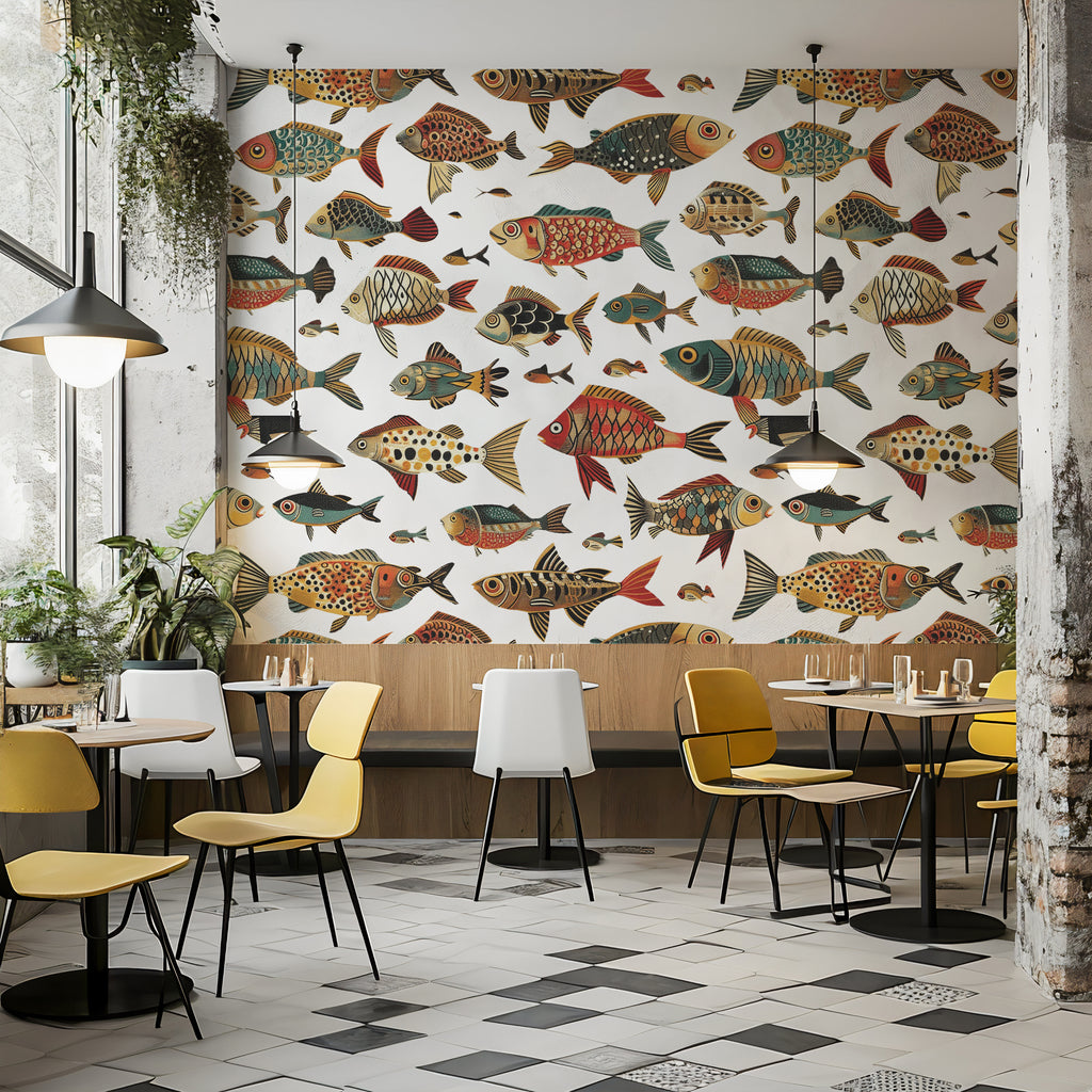 Folk Fish Wallpaper : Colorful Fish Pattern on White Mural - View 3