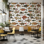 Folk Fish Wallpaper : Colorful Fish Pattern on White Mural - View 3