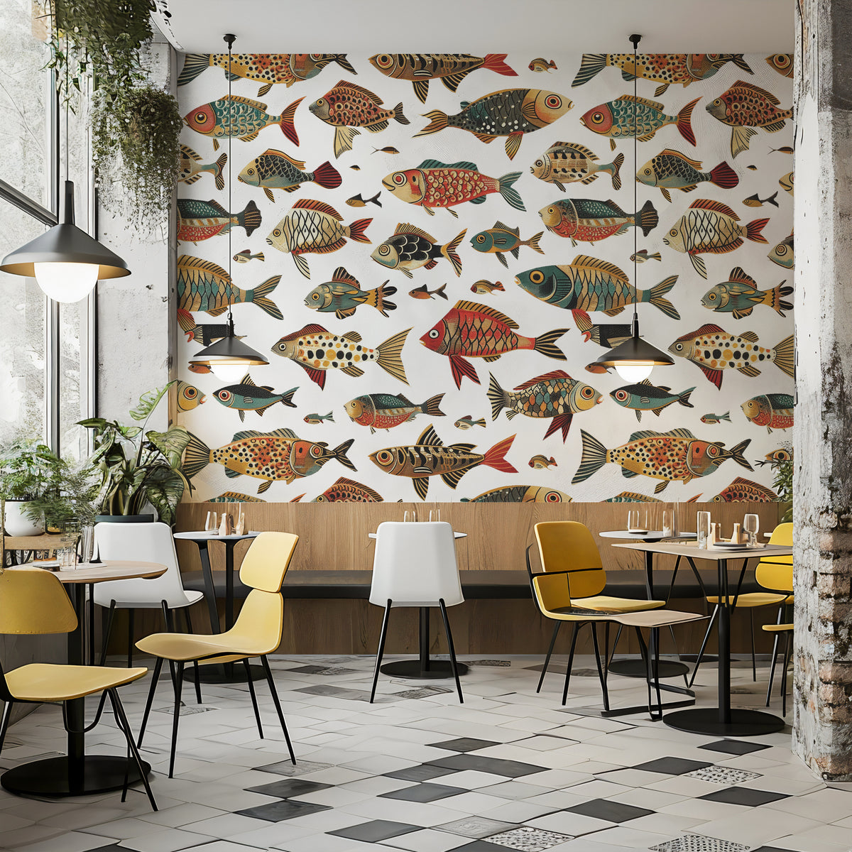 Folk Fish Wallpaper : Colorful Fish Pattern on White Mural - View 3