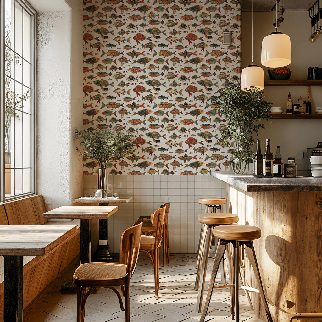 Folk Fish Wallpaper : Colorful Fish Pattern on White Mural - View 4