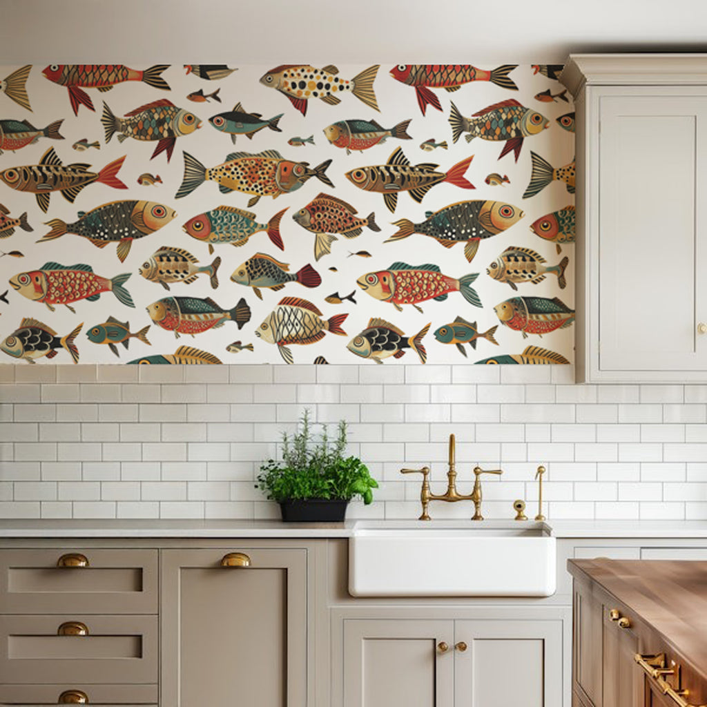 Folk Fish Wallpaper : Colorful Fish Pattern on White Mural - View 5
