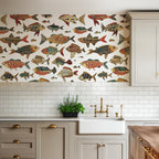 Folk Fish Wallpaper : Colorful Fish Pattern on White Mural - View 5