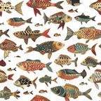 Folk Fish Wallpaper : Colorful Fish Pattern on White Mural - flat design