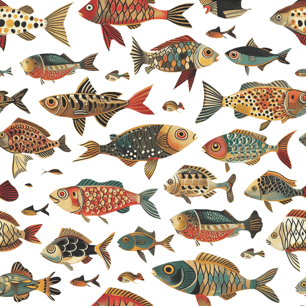 Folk Fish Wallpaper : Colorful Fish Pattern on White Mural - flat design