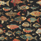 Folk Fish Wallpaper : Colorful Fish Pattern on Black Mural - flat design