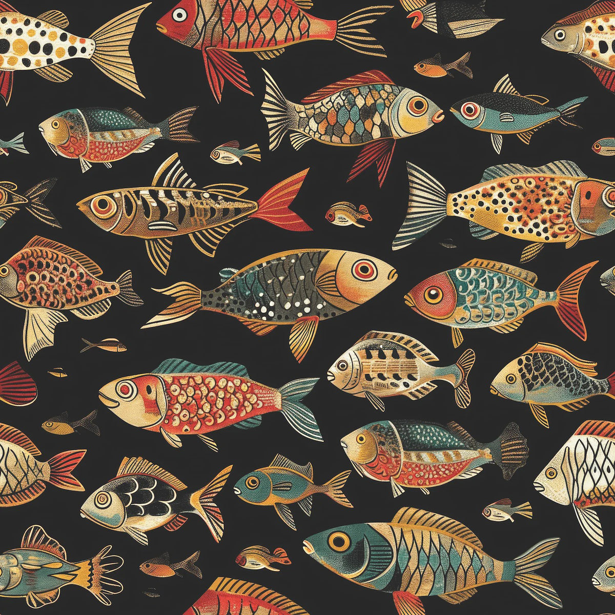 Folk Fish Wallpaper : Colorful Fish Pattern on Black Mural - flat design