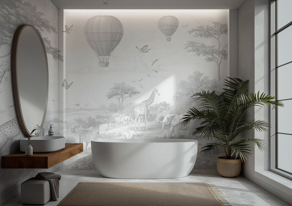 Grey Safari Sketch Wallpaper : Pencil Drawn Kids Wall Mural - View 4