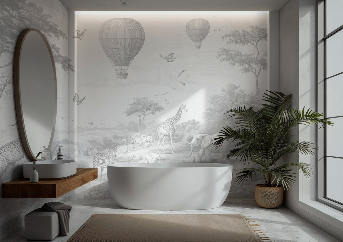 Grey Safari Sketch Wallpaper : Pencil Drawn Kids Wall Mural - View 4