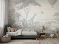 Grey Safari Sketch Wallpaper : Pencil Drawn Kids Wall Mural