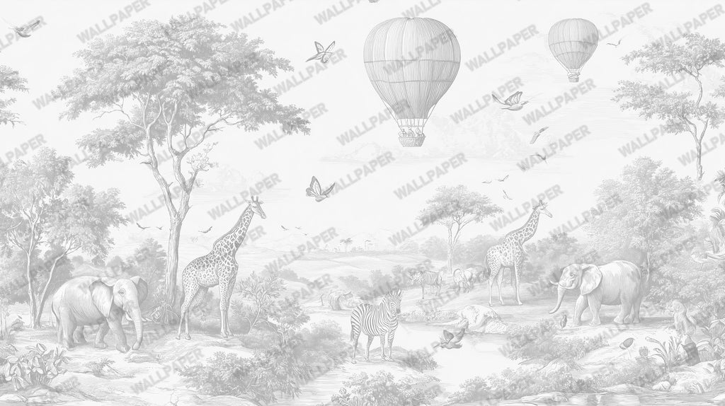 Grey Safari Sketch Wallpaper : Pencil Drawn Kids Wall Mural - View 2
