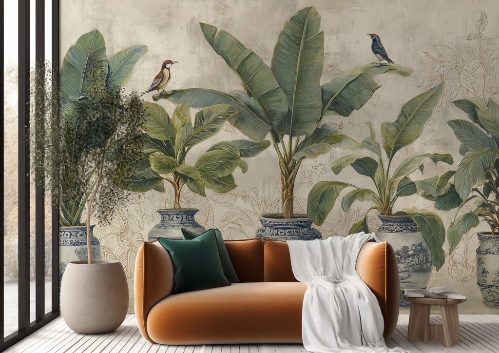 Chinoiserie Vase Wallpaper : Tropical Plants in Blue Porcelain Mural - View 3