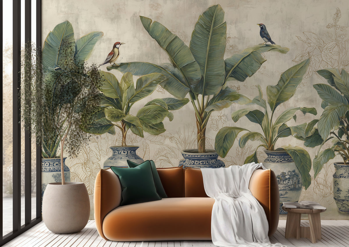 Chinoiserie Vase Wallpaper : Tropical Plants in Blue Porcelain Mural - View 3