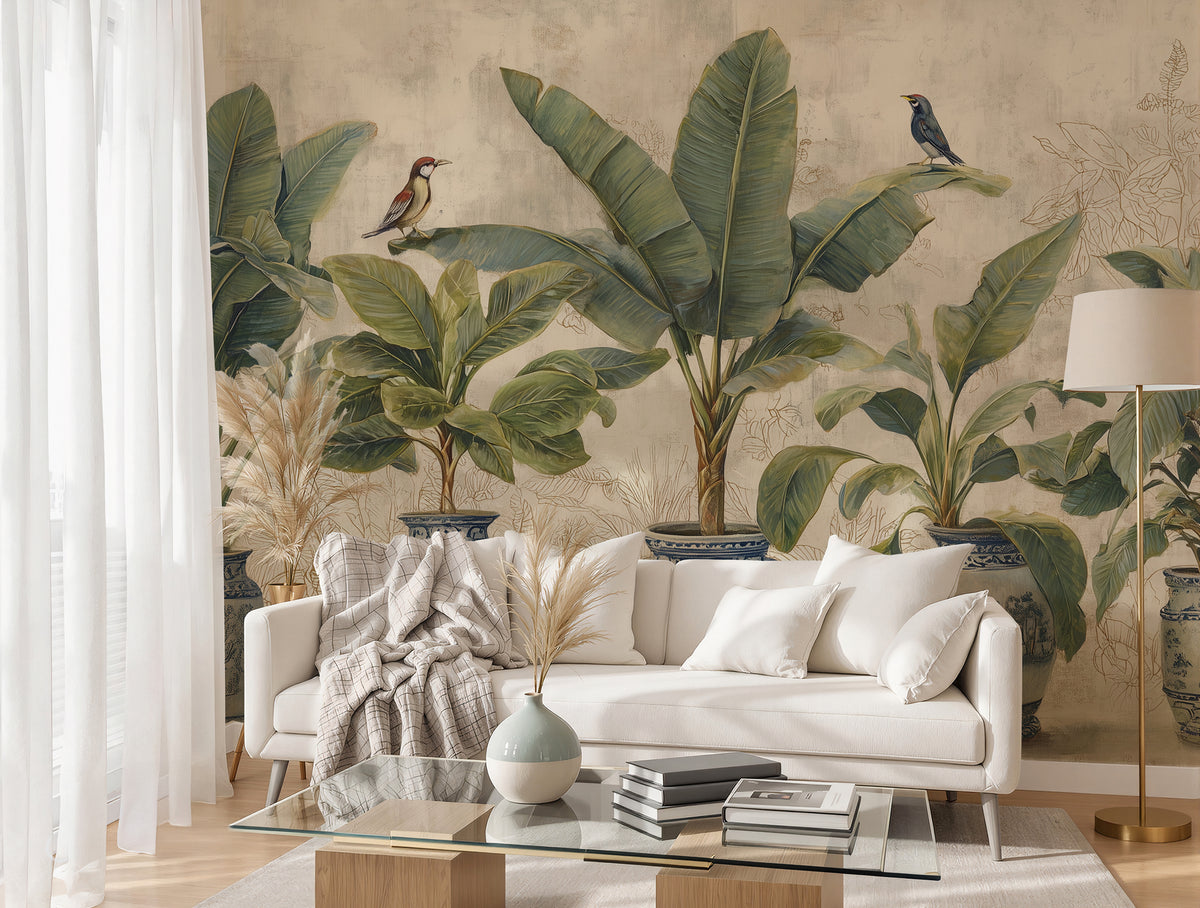 Chinoiserie Vase Wallpaper : Tropical Plants in Blue Porcelain Mural - View 4