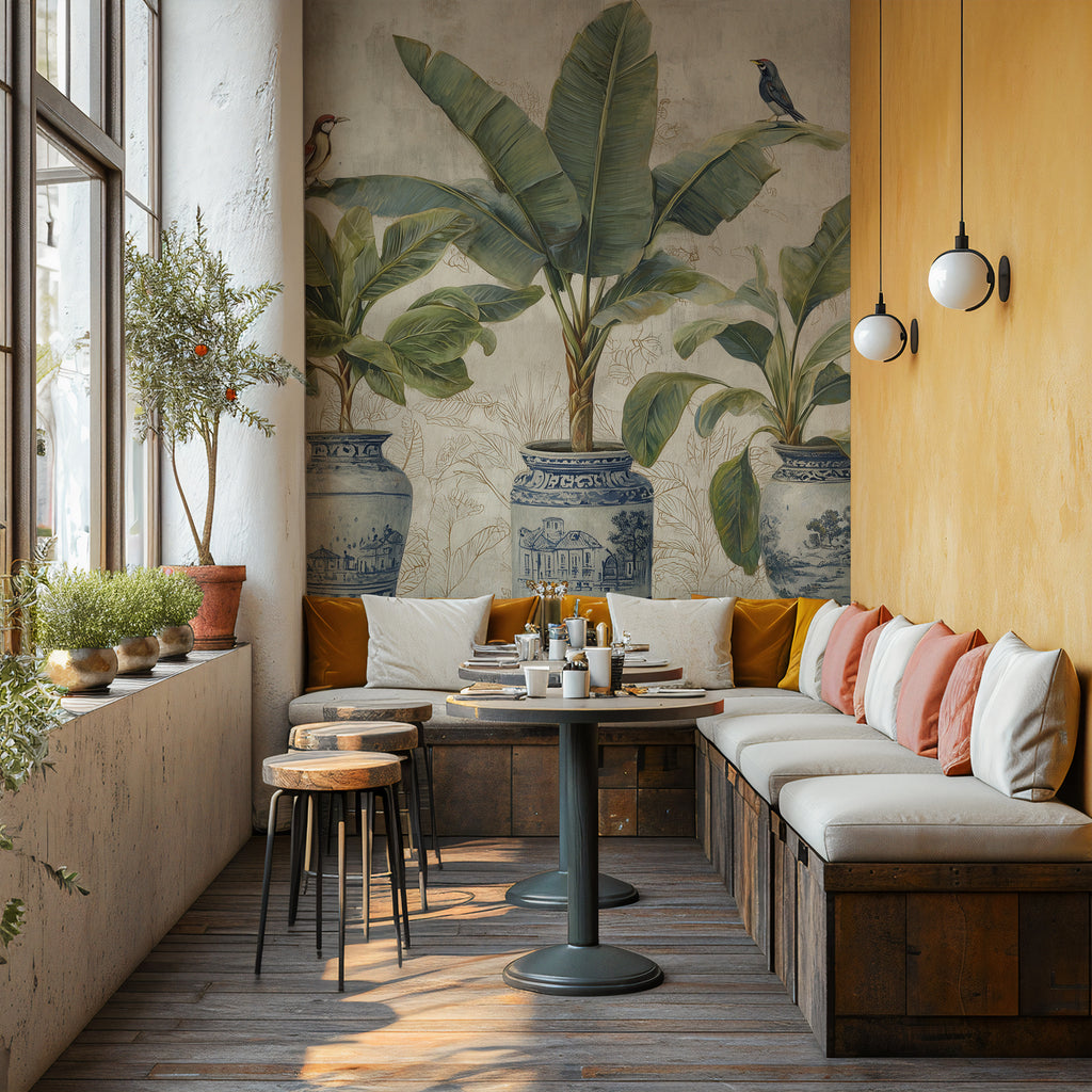 Chinoiserie Vase Wallpaper : Tropical Plants in Blue Porcelain Mural - View 5