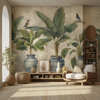 Chinoiserie Vase Wallpaper : Tropical Plants in Blue Porcelain Mural