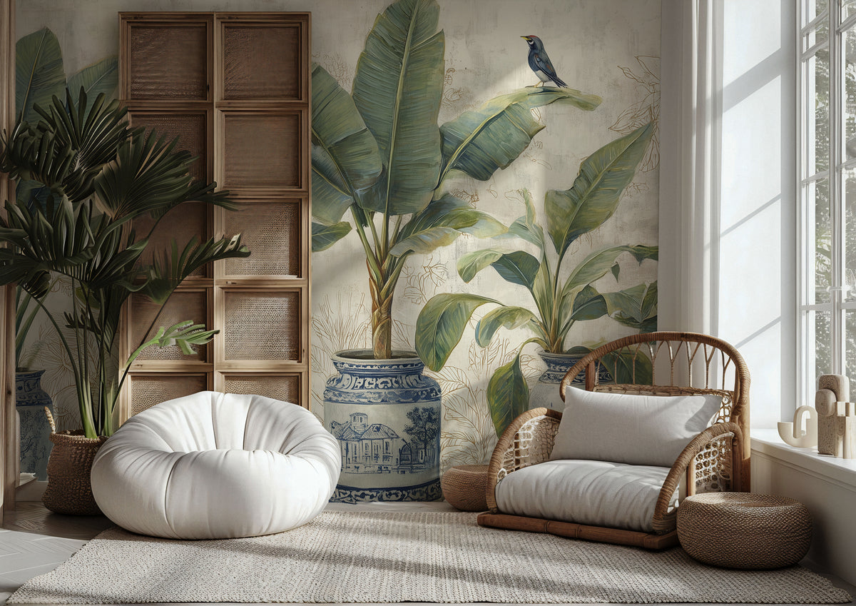 Chinoiserie Vase Wallpaper : Tropical Plants in Blue Porcelain Mural - View 2