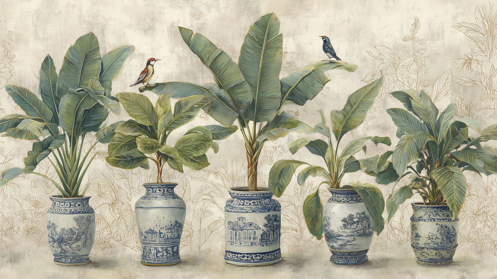 Chinoiserie Vase Wallpaper : Tropical Plants in Blue Porcelain Mural - flat design