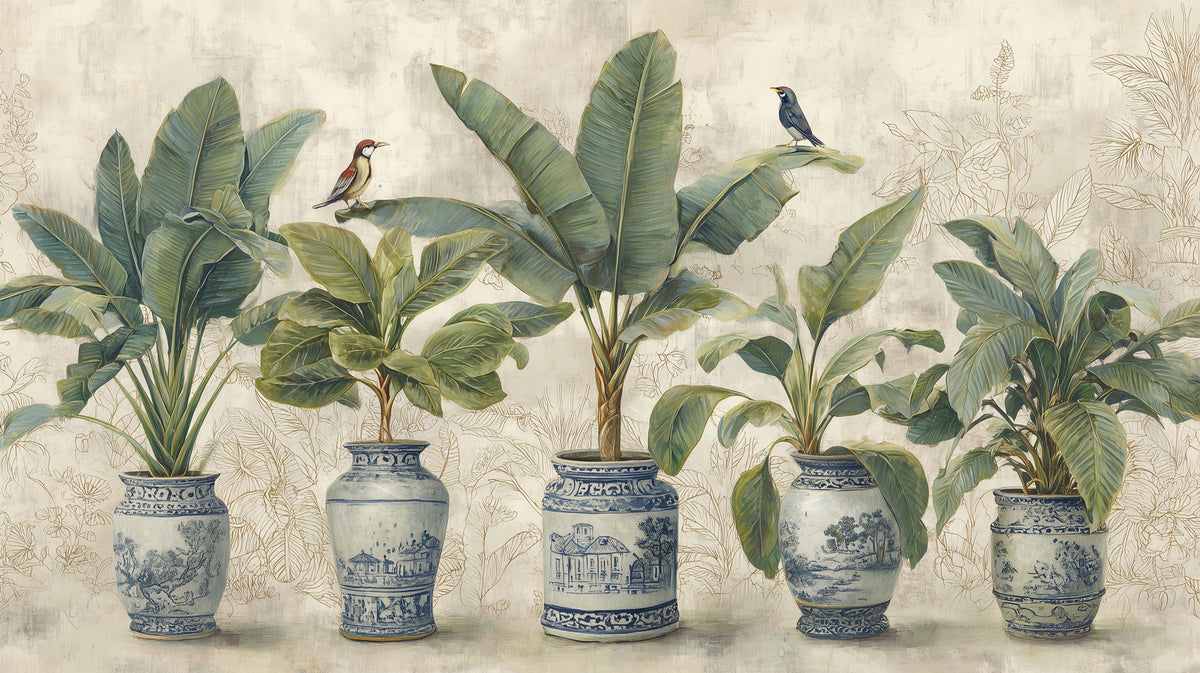 Chinoiserie Vase Wallpaper : Tropical Plants in Blue Porcelain Mural - flat design