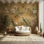 White Rose and Bird Wallpaper : Ochre Chinoiserie Branch Mural - View 2