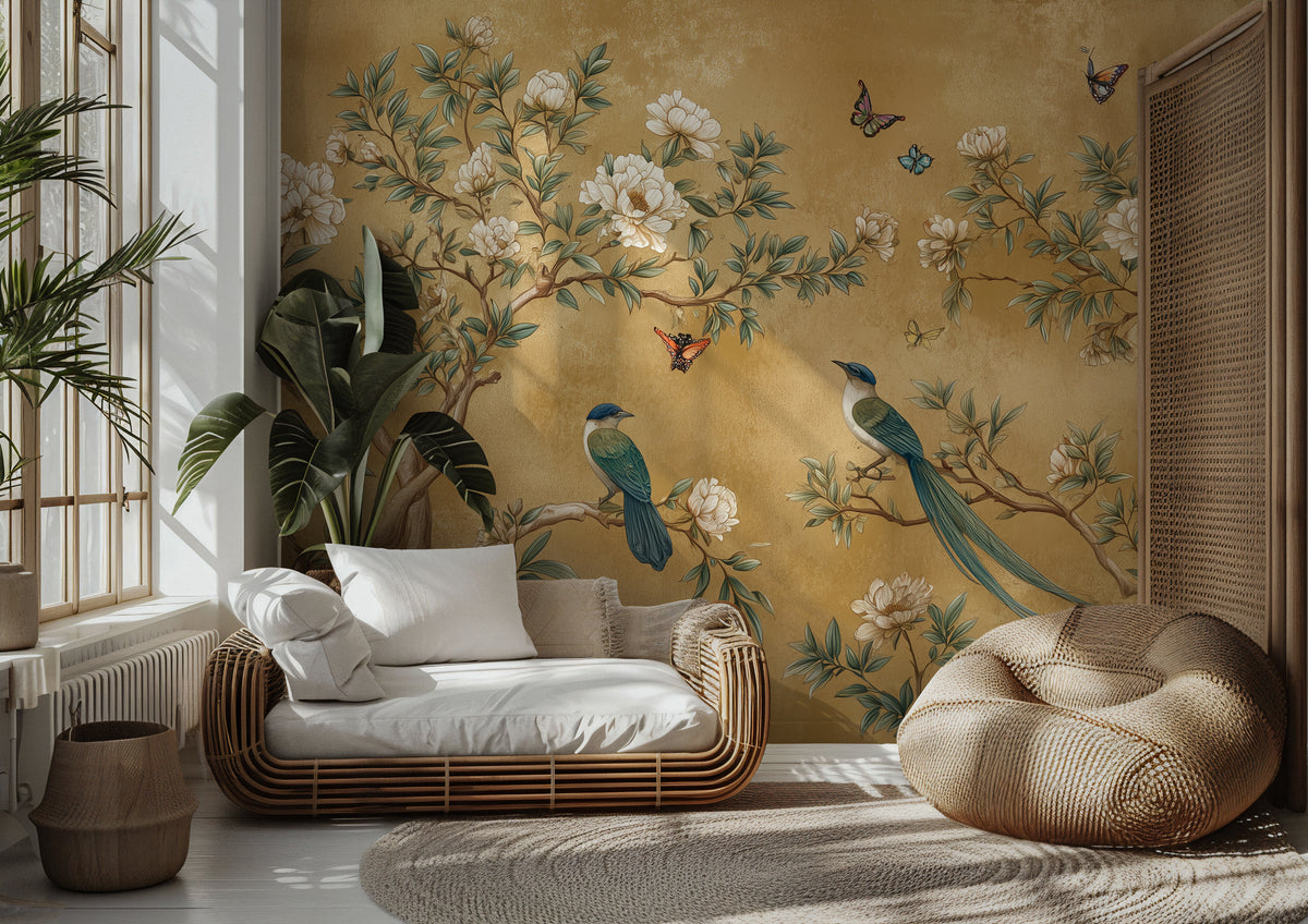 White Rose and Bird Wallpaper : Ochre Chinoiserie Branch Mural - View 3