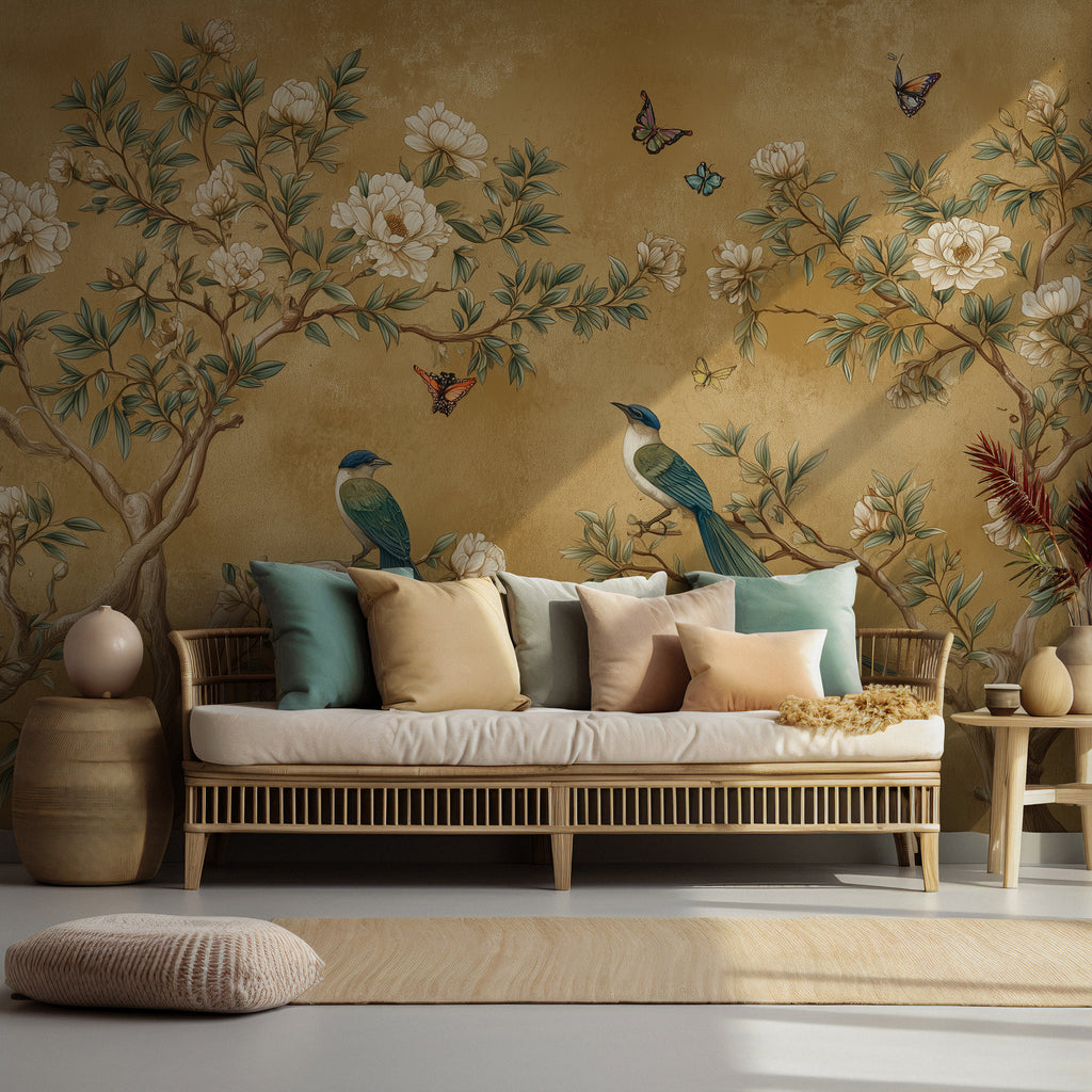 White Rose and Bird Wallpaper : Ochre Chinoiserie Branch Mural - View 4