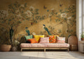 White Rose and Bird Wallpaper : Ochre Chinoiserie Branch Mural