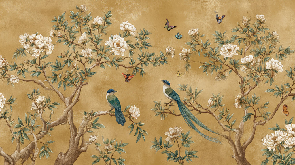 White Rose and Bird Wallpaper : Ochre Chinoiserie Branch Mural - flat design