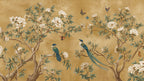 White Rose and Bird Wallpaper : Ochre Chinoiserie Branch Mural - flat design