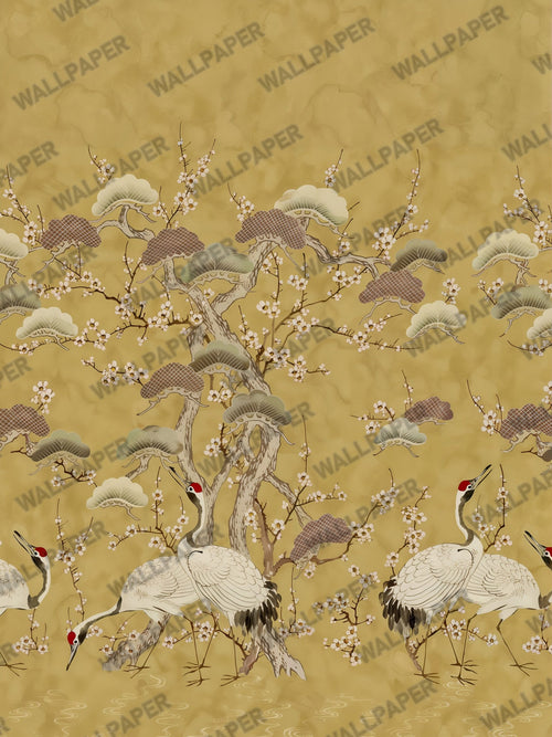 Golden Crane Chinoiserie Wallpaper : Mustard Pine and Blossom Mural - flat design